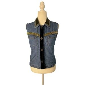 Vintage Stonebridge Petites Denim Vest Gold Trim Studded Western Boho SP